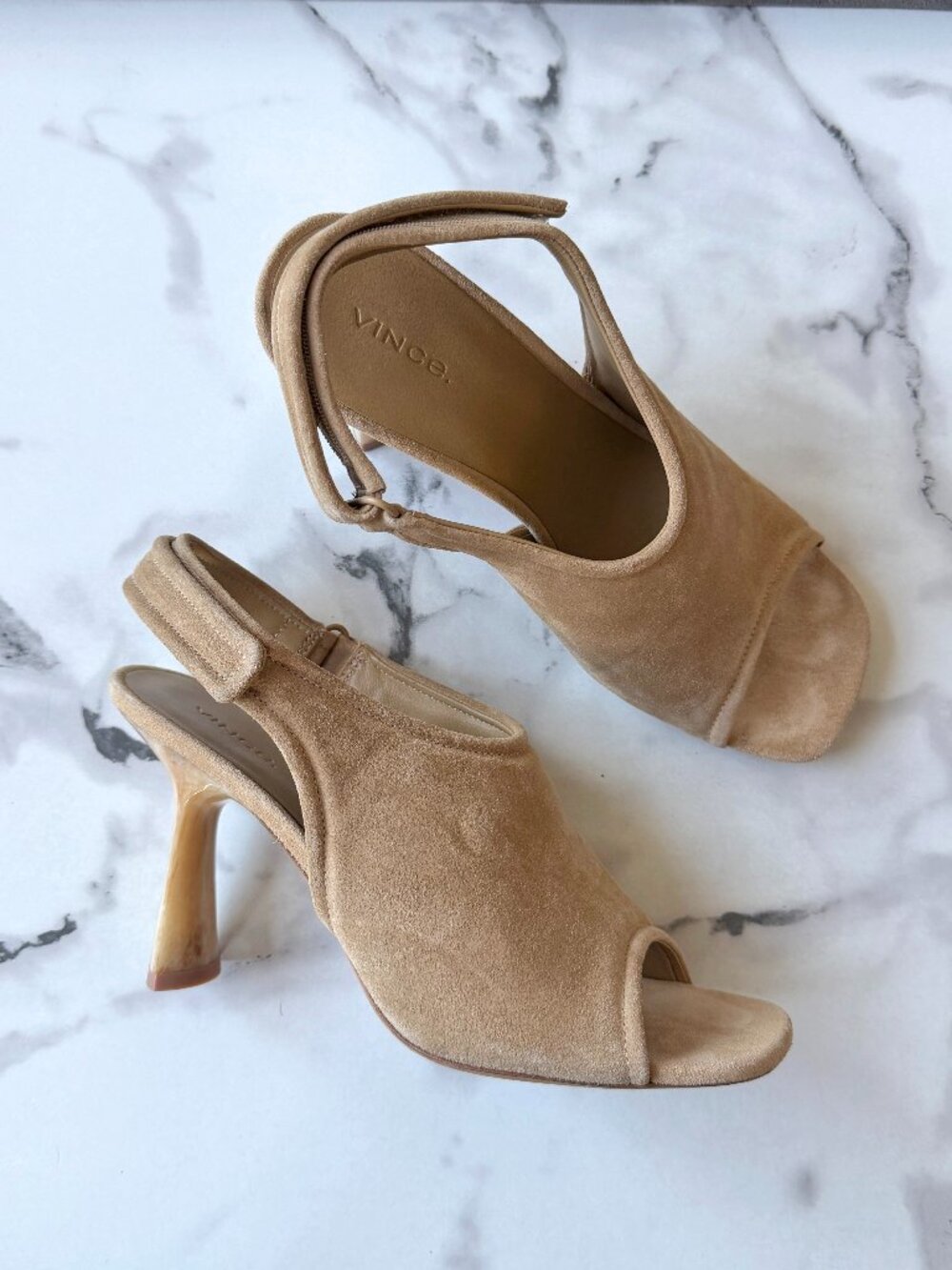 Vince Quest Tan Suede Slingback Marble Heel Sandals Size 9.5